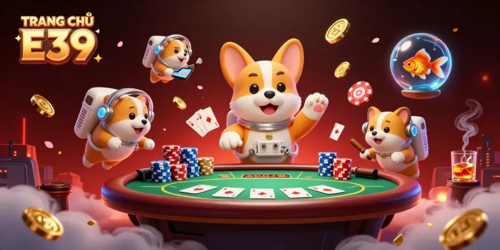 Engage with TRANG CHỦ E39 for thrilling poker action in a space station casino scene.