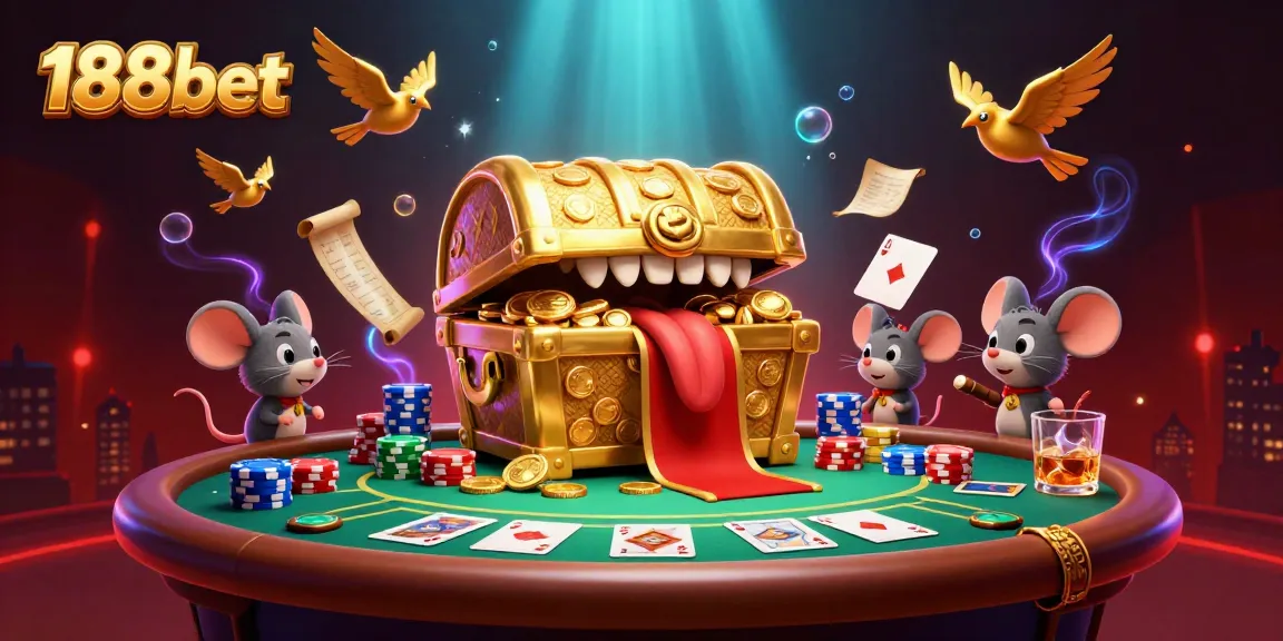 Play at 188bet with a vibrant poker scene featuring enticing treasure and gaming elements.