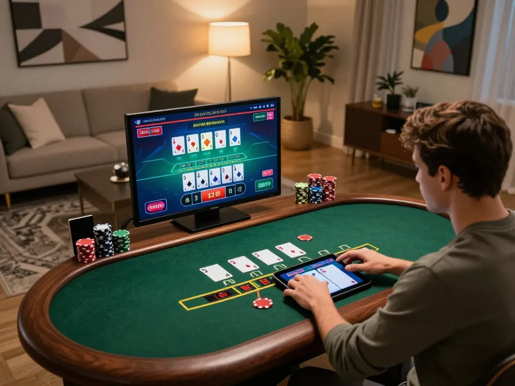 Taisunwin player engaging with live dealer blackjack on a tablet at home.