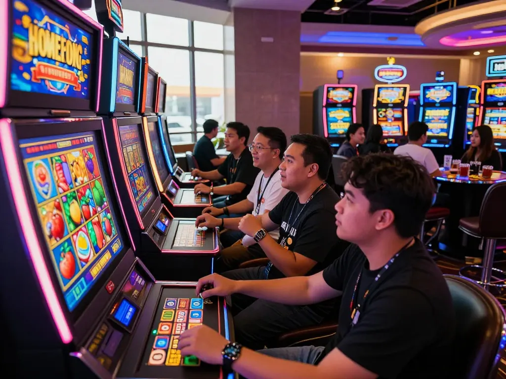 Exciting casino scene showcasing players engaging with slot gacor hari ini amidst vibrant graphics and lively atmosphere.