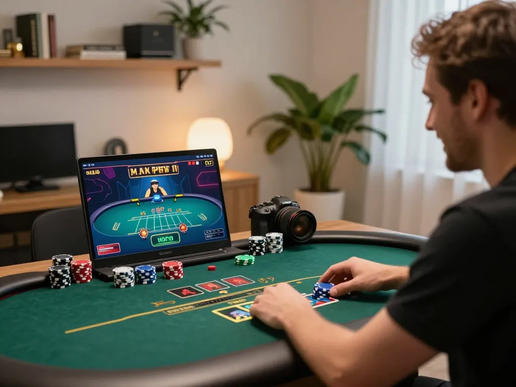 mm88 đăng nhập for online poker gaming session on stylish desktop setup, showcasing gaming interface and strategic focus.