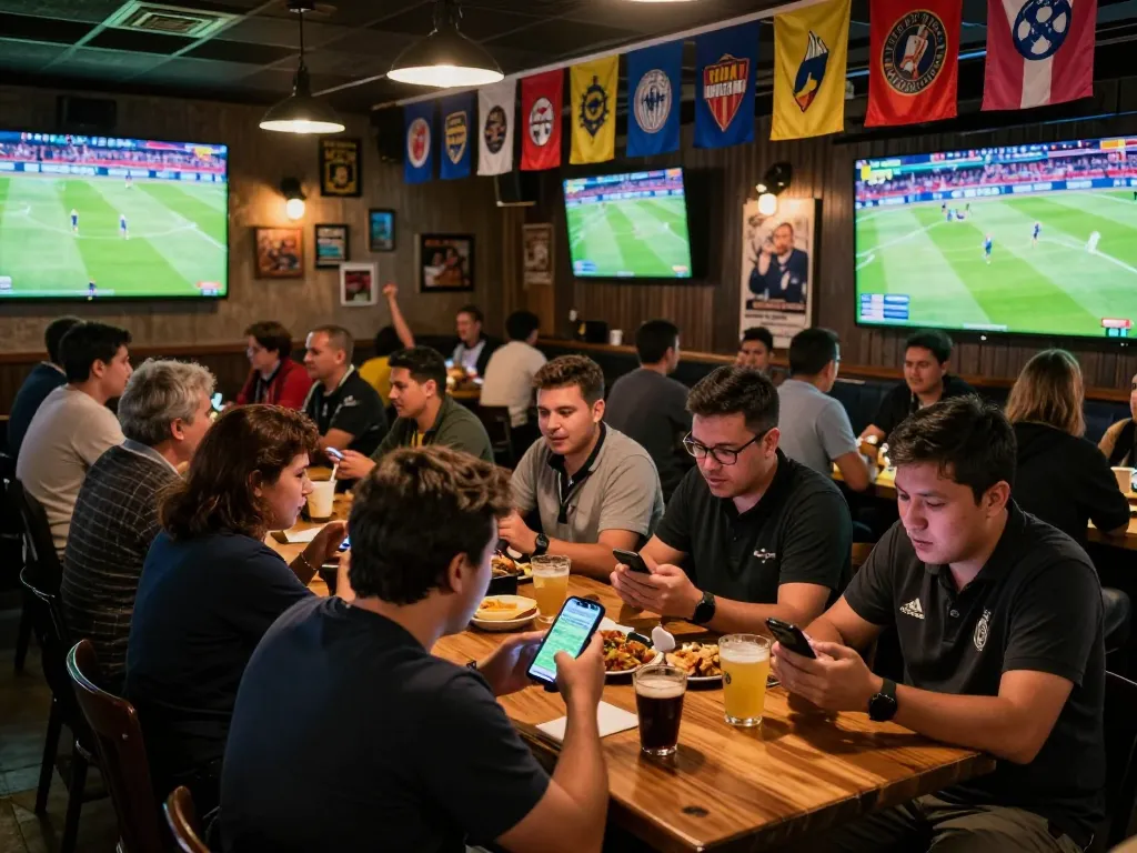 Excitement at a sports bar as fans engage in trang cá cược bóng đá while watching a live match, creating a lively atmosphere.