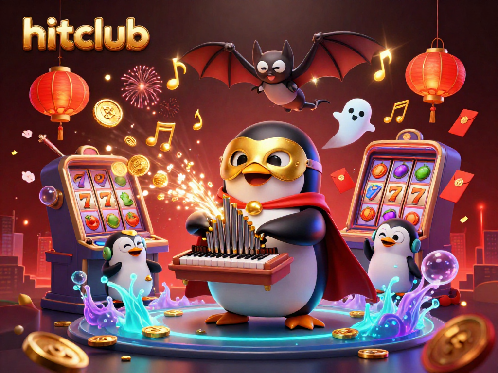 Play exciting games at hitclub, featuring a whimsical 3D scene of a penguin organist surrounded by casino elements.