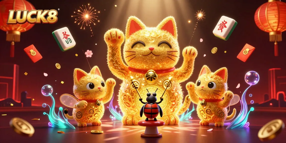 Experience LUCK8 with a vibrant 3D casino scene featuring a giant lucky cat symbolizing luck and prosperity.