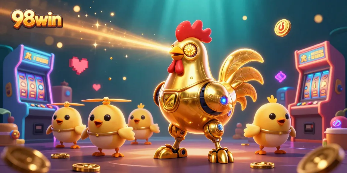 Engage with 98win's thrilling casino experience featuring a golden rooster robot and arcade charm.