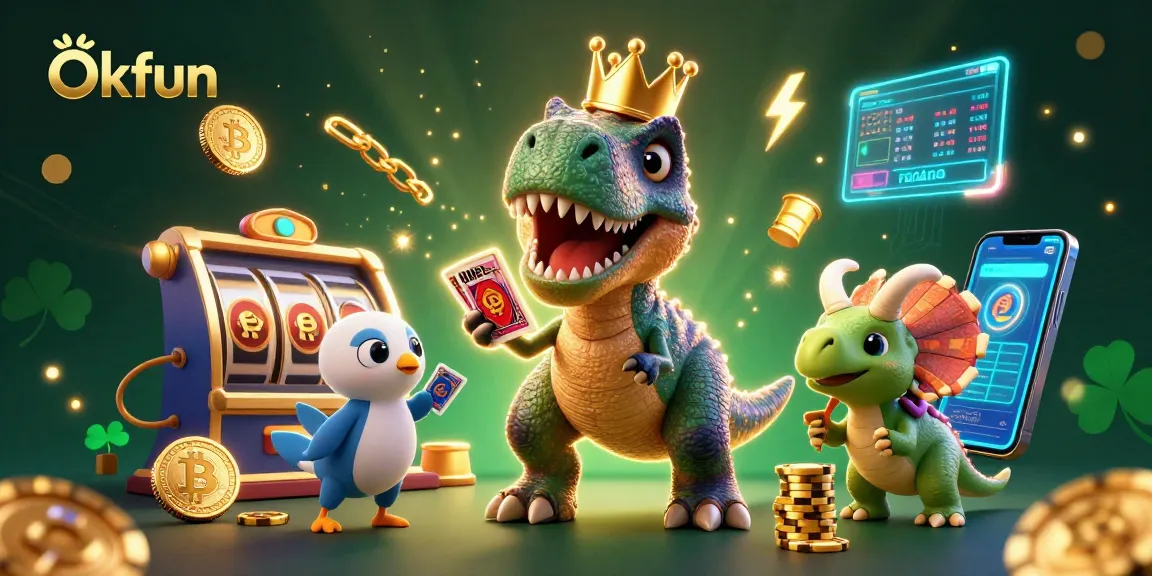Experience thrilling slots and game action with Okfun's vibrant 3D casino illustration