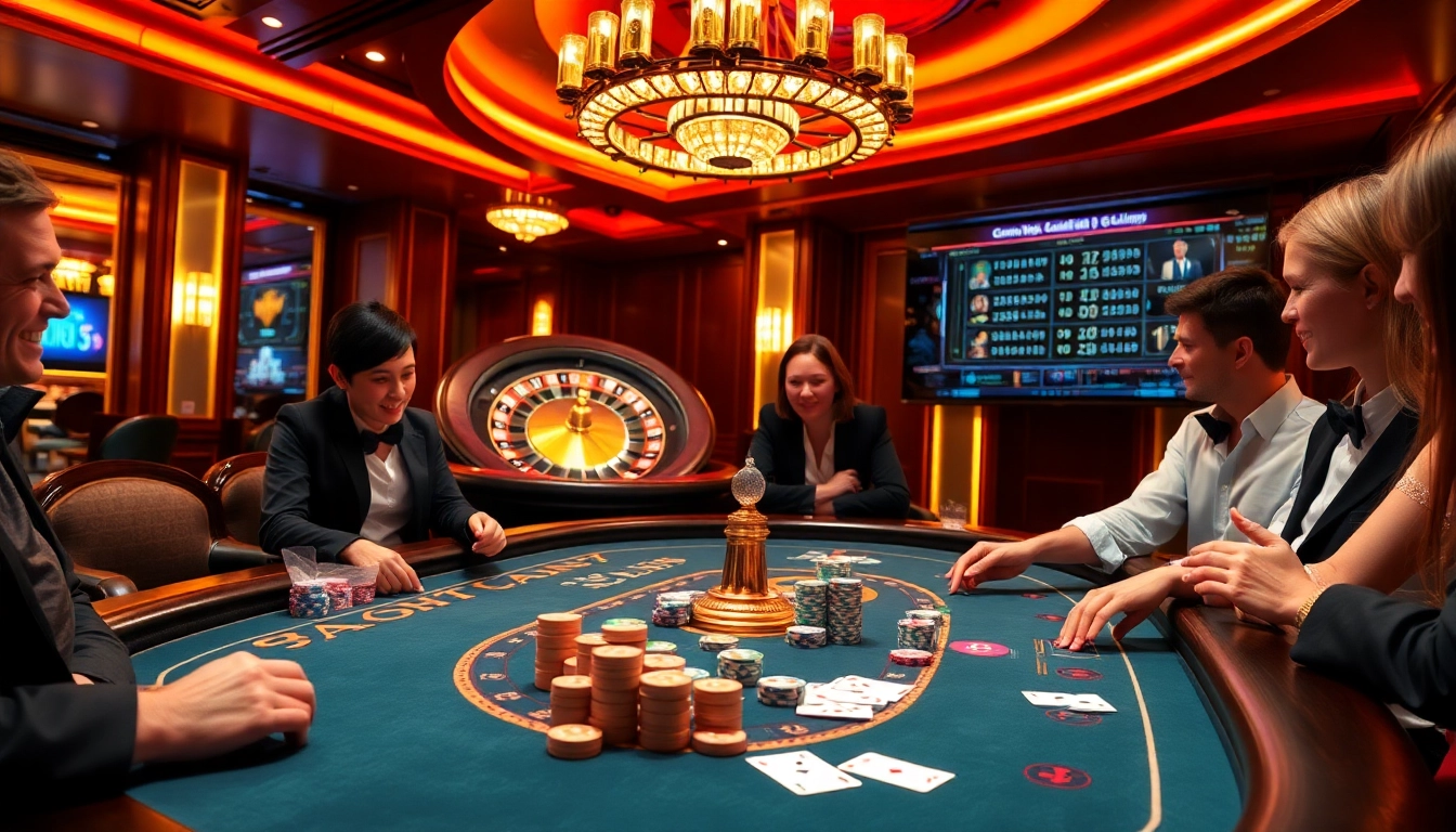 Players enjoy the excitement of Game Hit club at a luxurious casino table with colorful chips and cards.