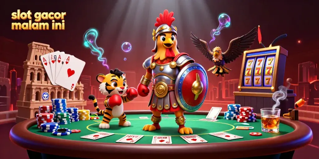 Engage with slot gacor malam ini in a vibrant colosseum scene showcasing a rooster gladiator and slot elements.