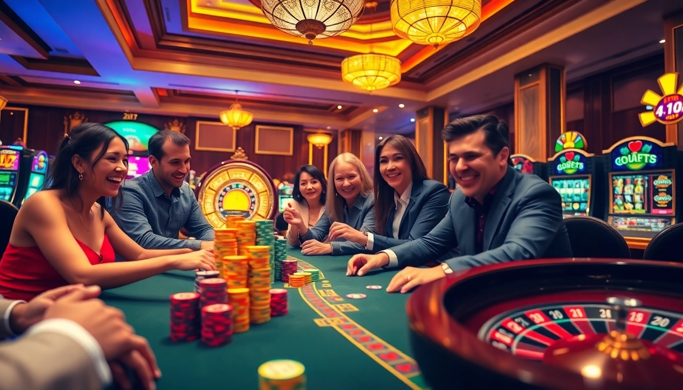 ZBET players enjoying a lively poker game at an elegant casino table with colorful chips.