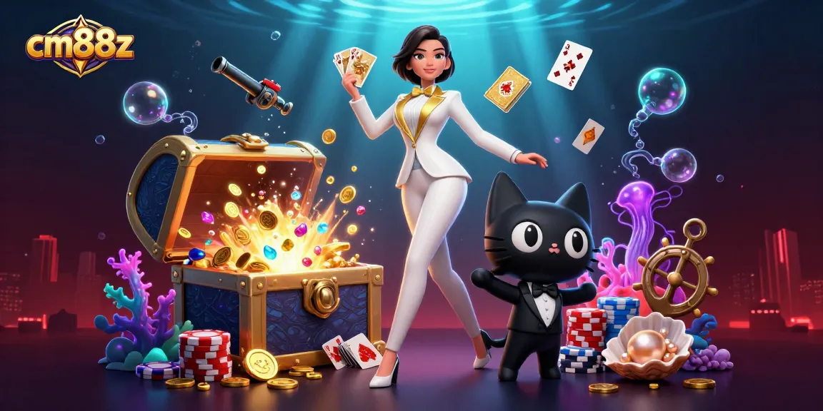 Experience cm88z gaming excitement with a glamorous dealer showcasing cards and treasures.