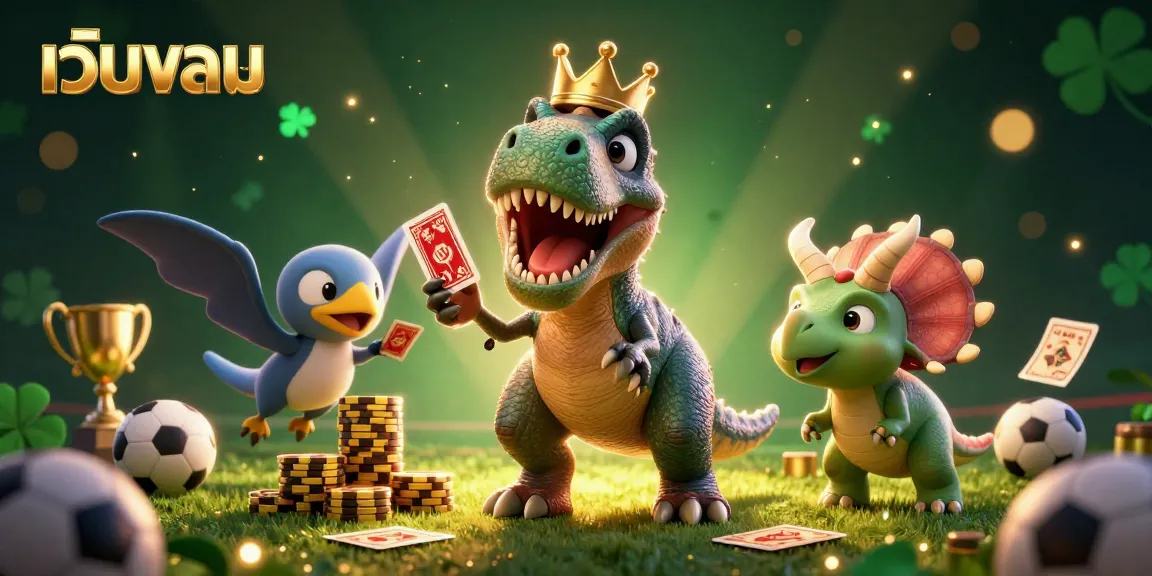 Place your bets with เว็บบอล as a friendly T-Rex shuffles cards alongside vibrant sports elements.