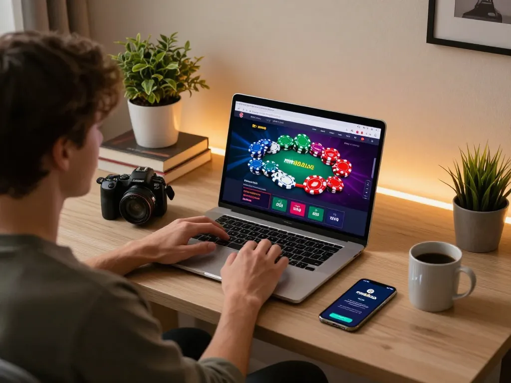 Engaging online gaming session on mm88.blog with a player using laptop in a cozy setting.