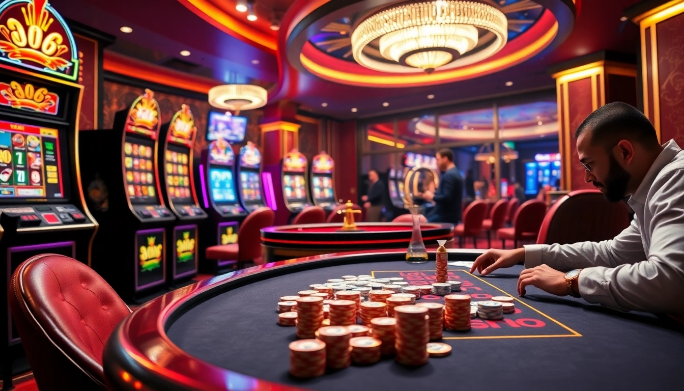 Experience the high stakes and excitement of UU88 CASINO with slot machines and a bustling poker table.