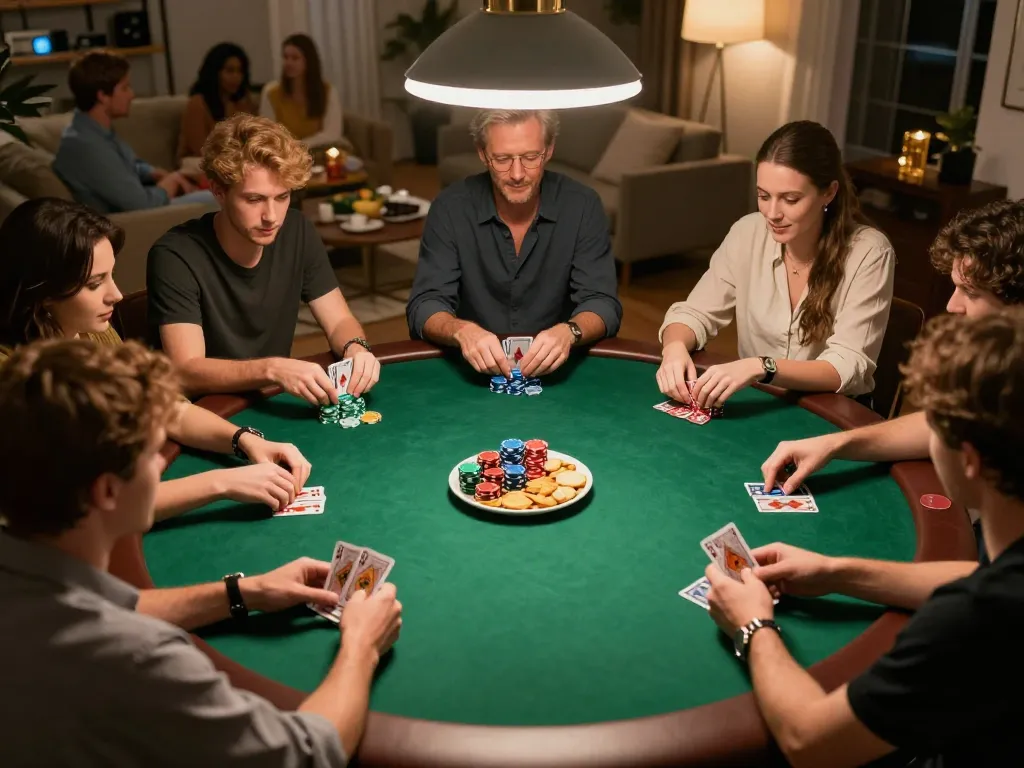 Engaging poker game moment featuring players in a home setting, showcasing strategic gameplay with link fly88 enhancements.