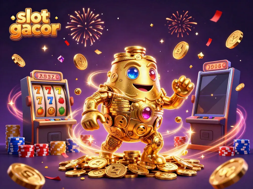 Engage with exciting slot gacor action featuring a golden golem amidst dynamic casino elements.