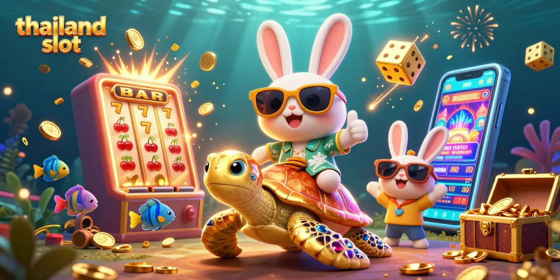 Experience thrilling action at thailand slot with a lucky rabbit and golden turtle amidst a jackpot explosion.