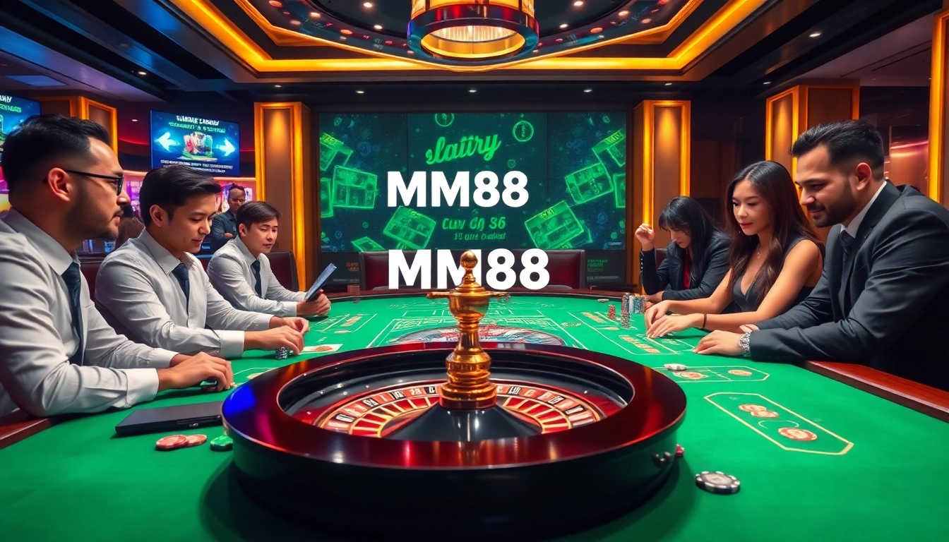 Players engage in high-stakes gameplay at MM88 casino, showcasing poker chips and roulette.