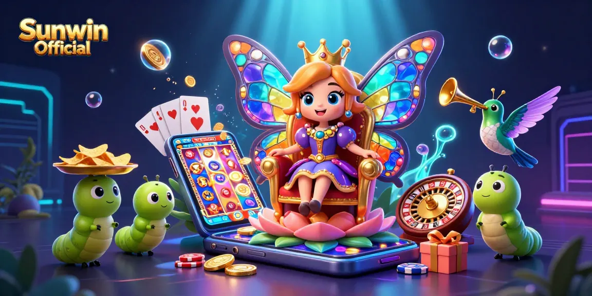 Engage in the vibrant world of Sunwin Official with a colorful casino scene of games and jubilant characters.