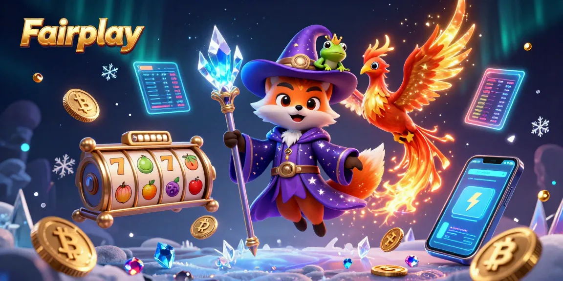 Experience Fairplay in this vibrant casino illustration featuring a wizard fox, phoenix, and iconic game symbols.