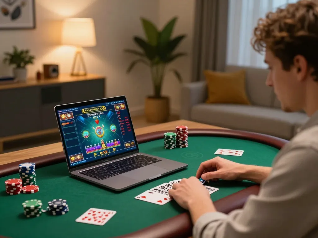 Player enjoying an online casino game experience with HM88 on a sleek laptop at home