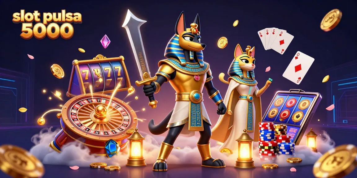 Menggandeng keberuntungan dalam permainan slot pulsa 5000 dengan ilustrasi Anubis dan Bastet di kasino.