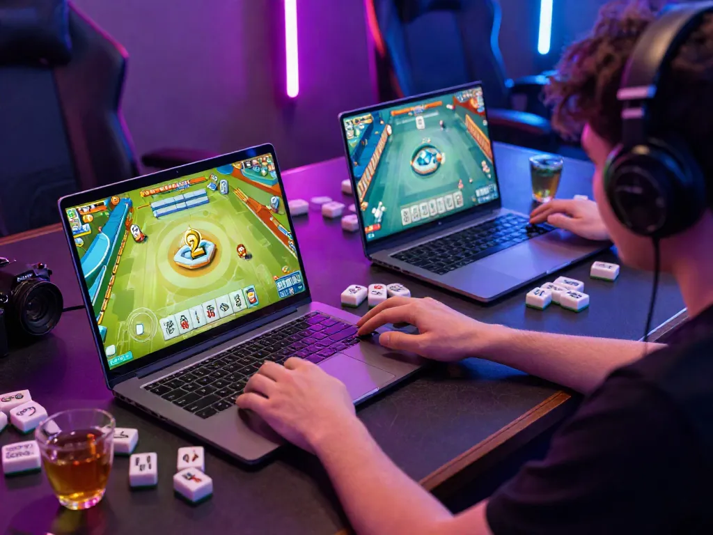 Layar Mahjong Ways yang menarik dengan pemain bermain di laptop di atas meja permainan modern.