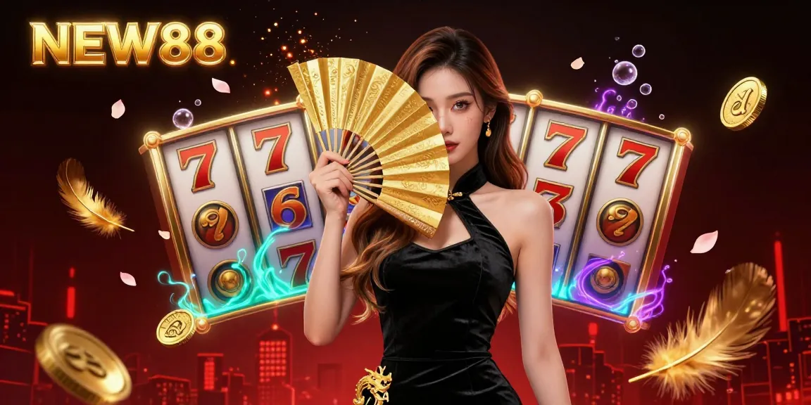 Experience thrilling gameplay at NEW88 with vibrant casino elements and a stunning Asian lady in an elegant atmosphere.