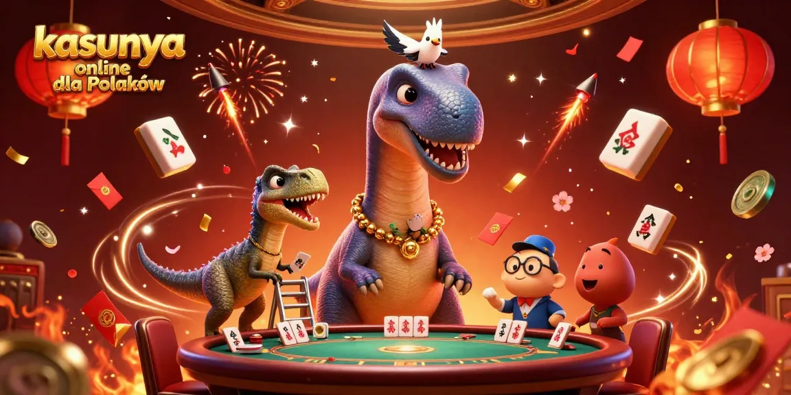 Kasyna online dla Polaków: interakcja humorystyczna dinozaura z grą w pokera w dynamicznej scenerii