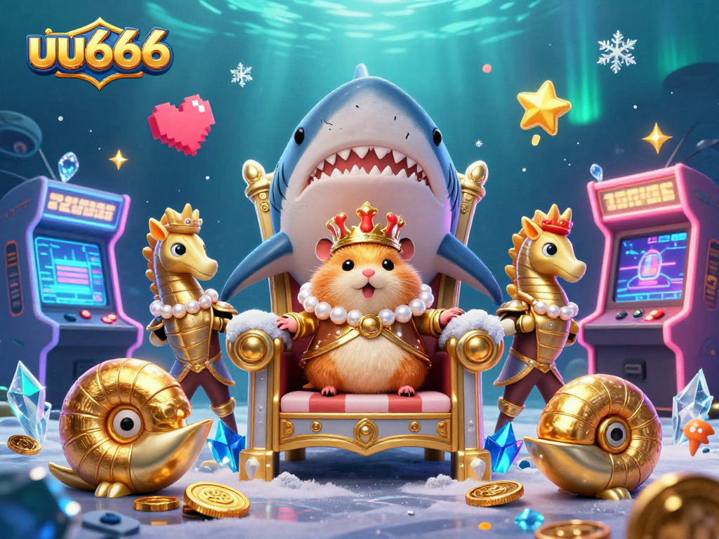 uu666 captivates with a vibrant underwater scene showcasing a golden hamster king on a megalodon throne, surrounded by arcade elements