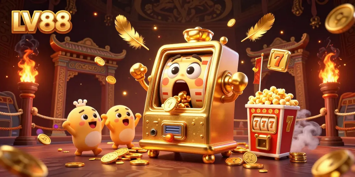 LV88 engaging players with a golden slot machine celebrating a jackpot win amidst thrilling casino elements.