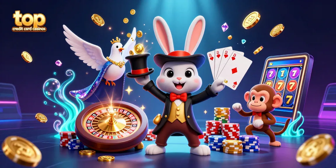Explore the enchanting world of top credit card casinos with a magical scene featuring a cartoon magician rabbit, dove, and monkey.