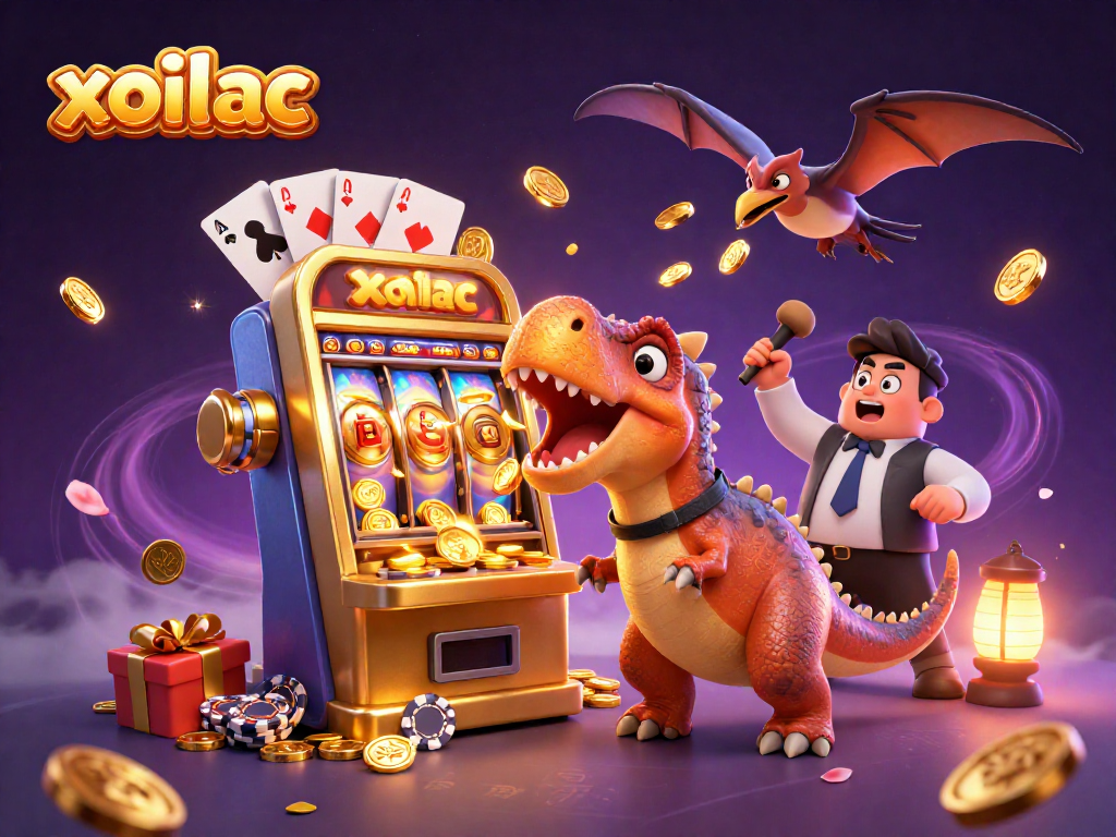 Xoilac players enjoy jackpot wins as cartoon dinosaurs celebrate around a slot machine.