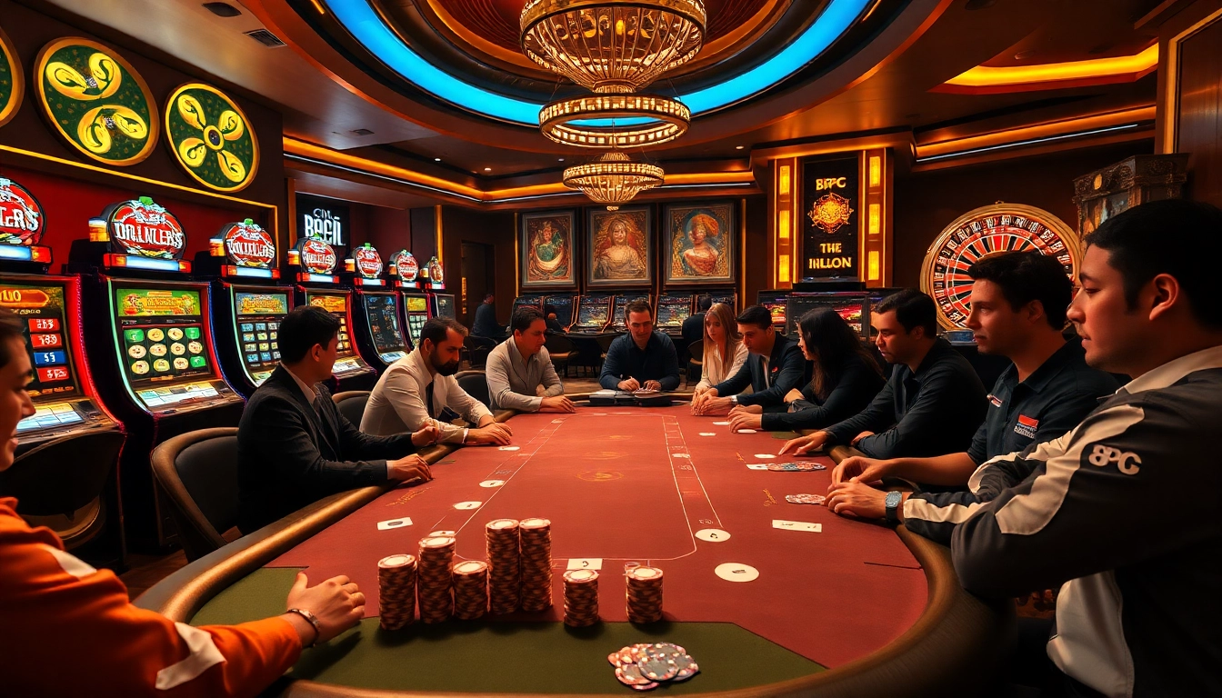 Jugadores participando en una emocionante partida de póker en 8PG, rodeados de máquinas tragamonedas y una ruleta.