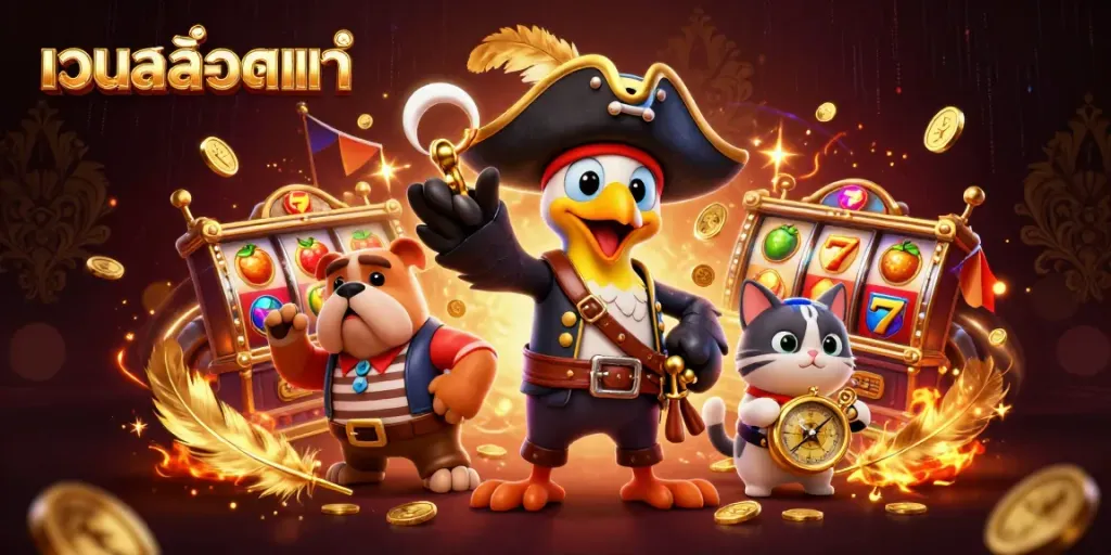 Engage with the fun of เว็บสล็อตแท้ in a vibrant 3D scene featuring a pirate captain and mascot characters amid classic slot machine elements.