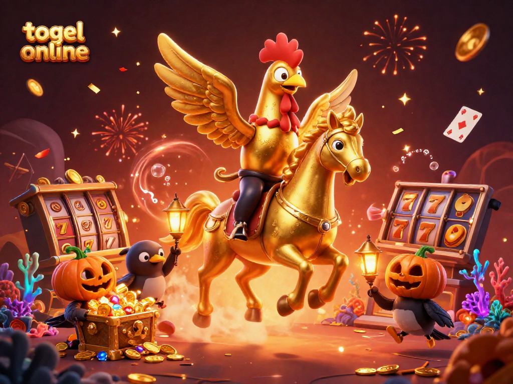 Experience thrilling togel online gaming with a golden rooster and vibrant playful elements in a casino delight.