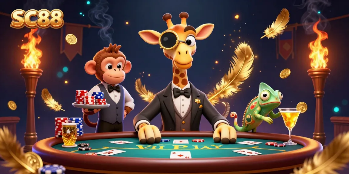 Engage with SC88's thrilling poker scene featuring a high-roller giraffe and dynamic casino elements.