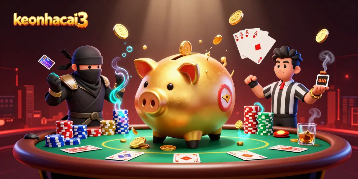 keonhacai3 showcases a dynamic gambling scene with a golden piggy bank sumo wrestler and ninja characters.