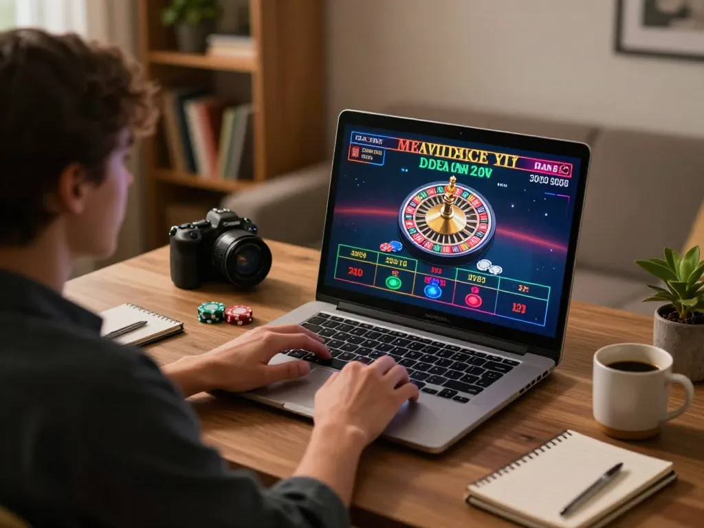 Player engaging in live dealer game on F8BET at home, showcasing responsible online gambling