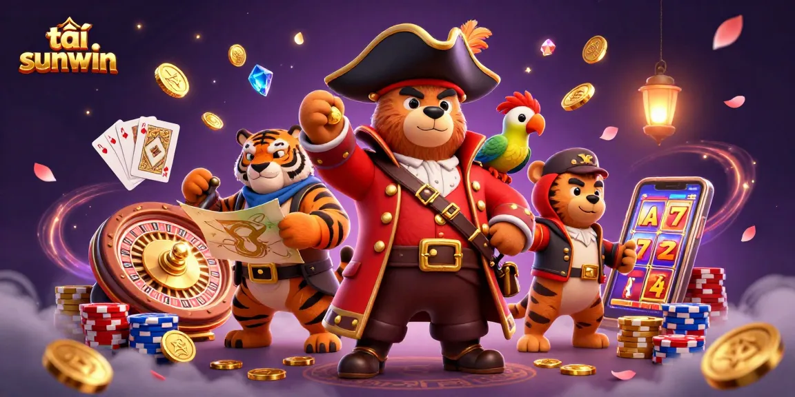 Experience the thrill of tải sunwin with a dynamic casino scene featuring a pirate bear, tiger, and treasures.