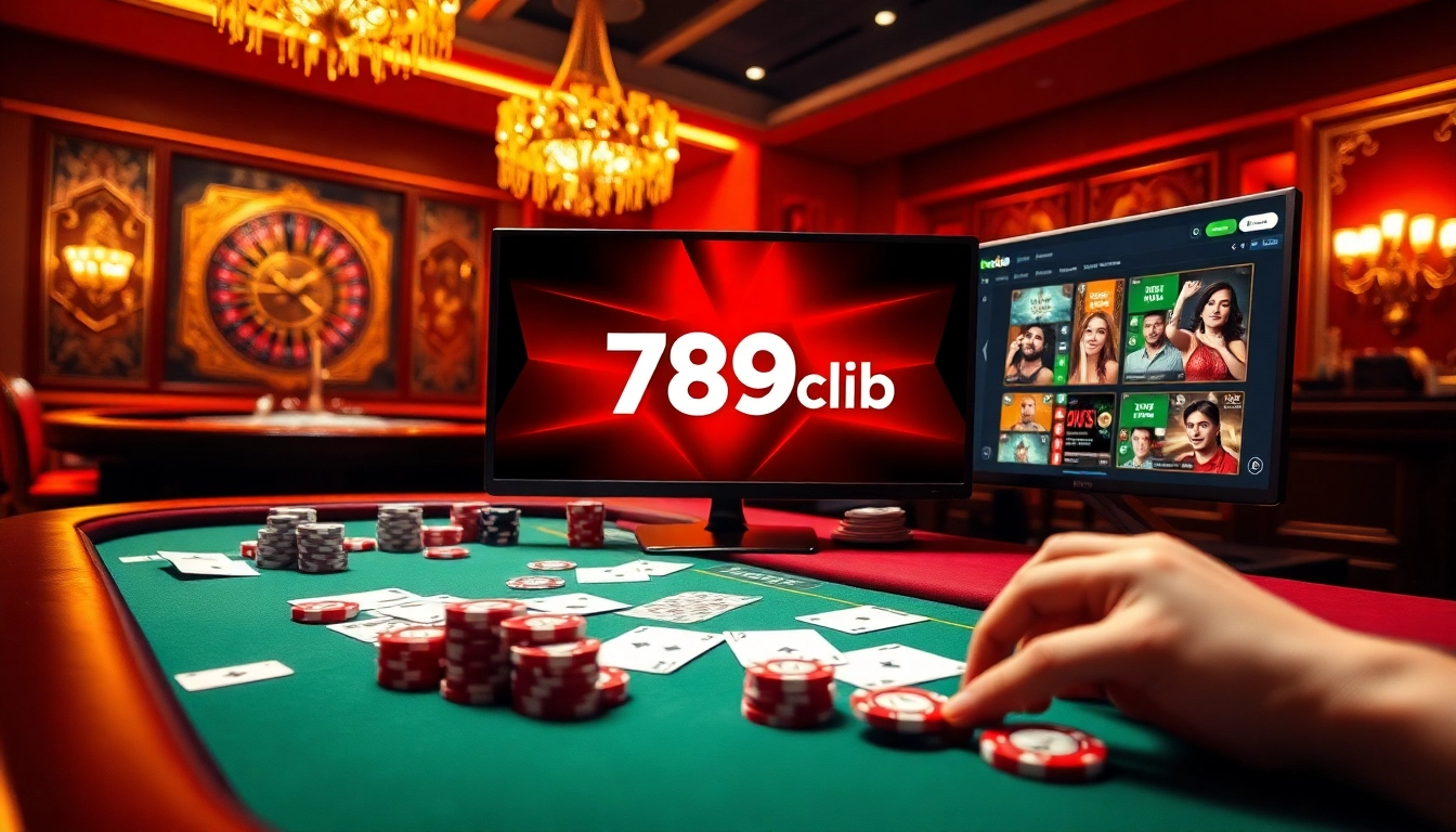 Experience the excitement at 789club with players engaged at a luxurious casino table featuring cards and chips.