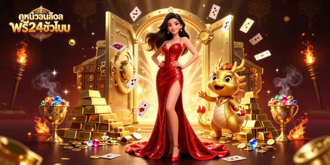 Experience ดูหนังออนไลน์ฟรี24ชั่วโมง with a stunning Asian woman, golden dragon, and rich casino elements.