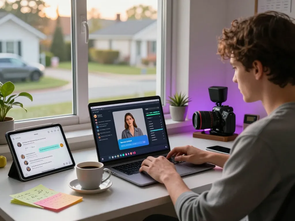 Engaging in free AI sex chat on a laptop with various characters, modern home office setting.
