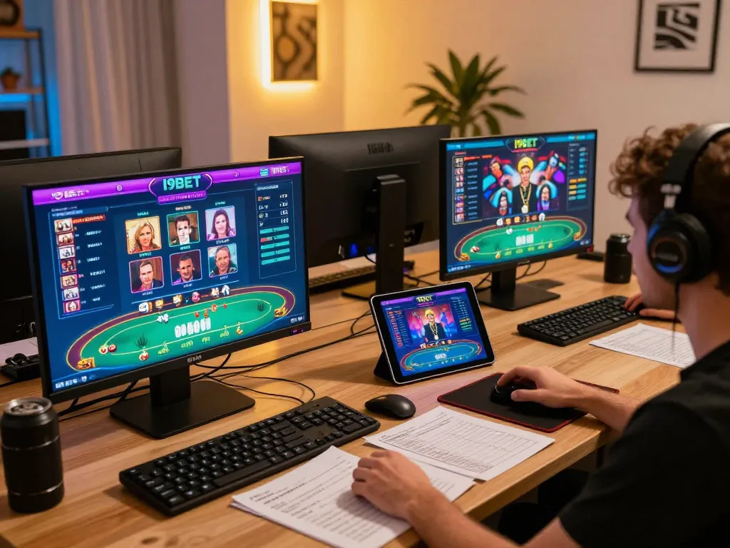 I9BET player engaged in online poker with a vibrant gaming setup and strategy notes