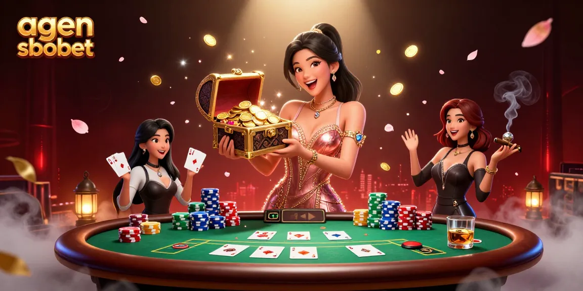 A captivating scene showcasing agen sbobet with a joyful Asian woman revealing treasure, poker elements enhancing the excitement.