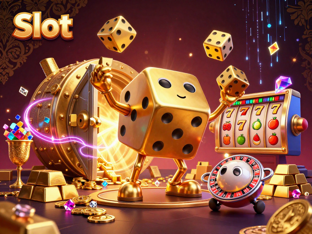Spin the slot reels with the dazzling golden dice and jackpot treasures.