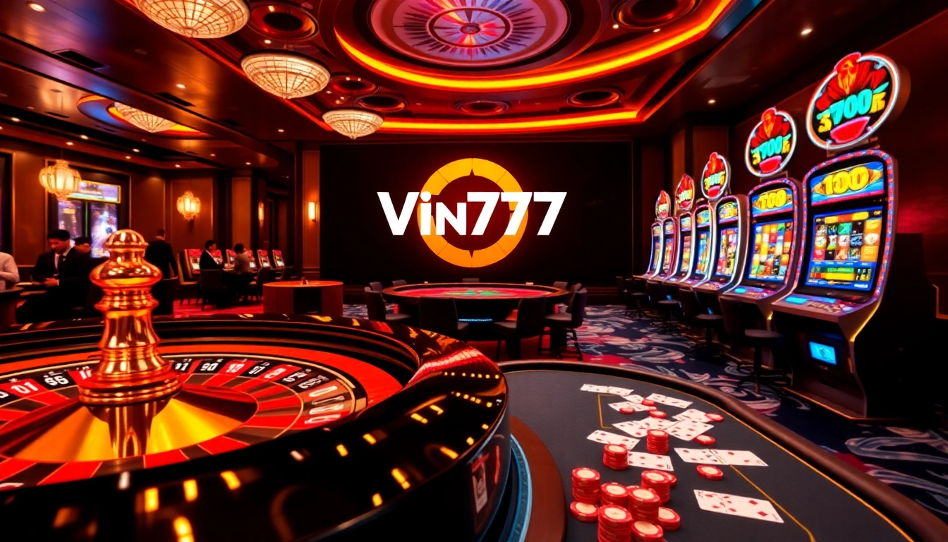 Vin777 casino scene featuring a poker table, roulette wheel, and vibrant slot machines.