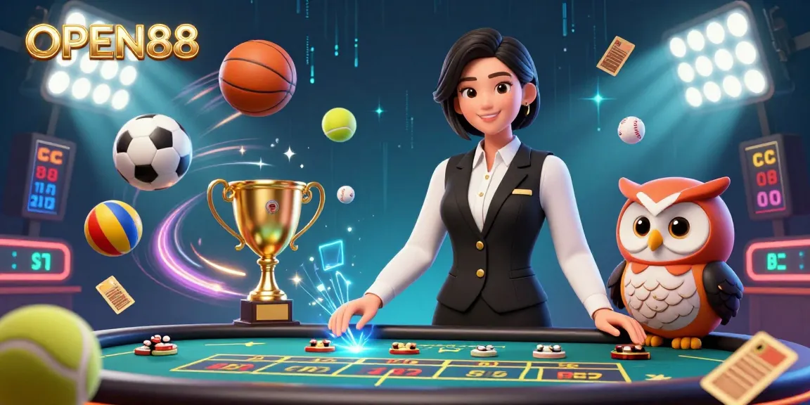 Experience the excitement of OPEN88’s elegant casino atmosphere with engaging dealers and vibrant game elements.