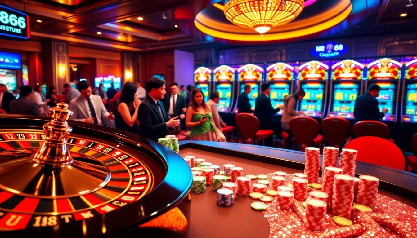 Experience the excitement of MM88 with vibrant casino action featuring roulette, poker chips, and delighted players.