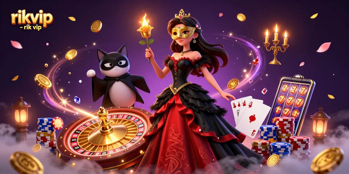 Experience excitement at rikvip - rik vip with 3D characters, casino elements, and golden details.