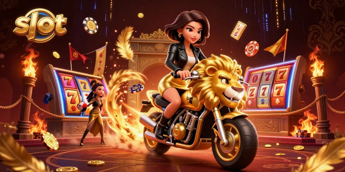 Experience thrilling slot adventures with a glamorous character riding a golden lion amidst casino elements.